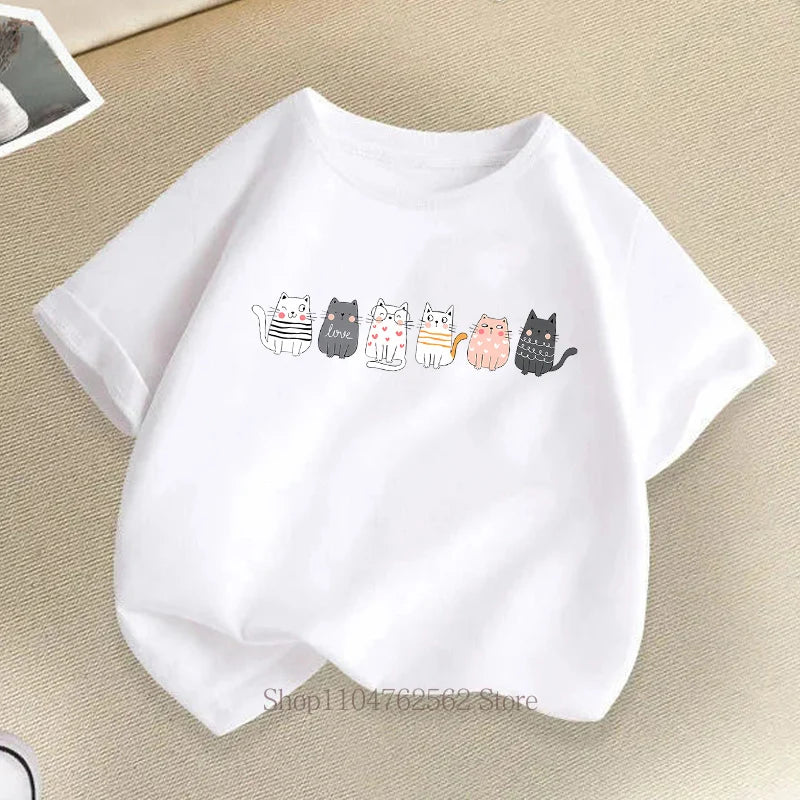 Cute Cat Print Children T-shirts Summer Girls Boys Casual Fashion Kawaii Short Sleeve Tops O-Neck Colorful Kids T-shirts