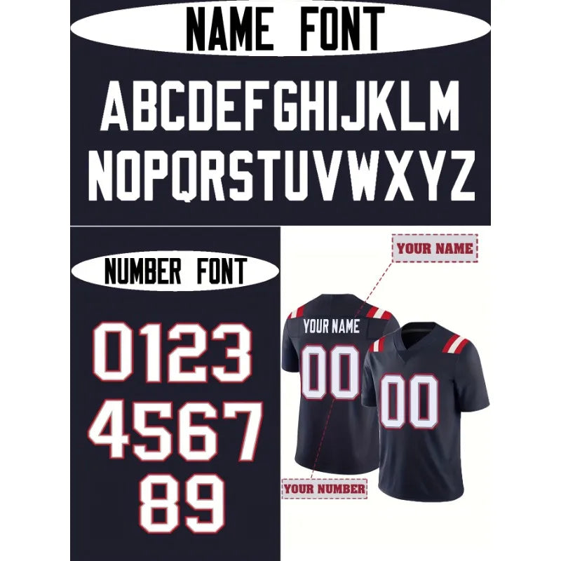 Customized Name And Number Men's Embroidered American Football Jersey New England Blue V-Neck Personalized Short Sleeved Shirt