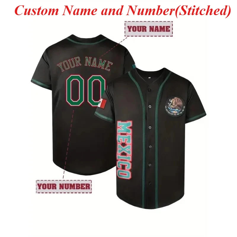 Customized Name&Number Men's Embroidery MEXICO Design Short Sleeve Loose Breathable Baseball Jersey Sports Shirt  Men Clothing