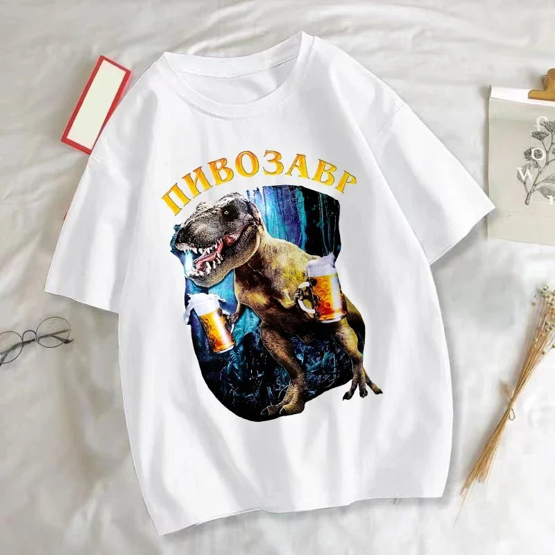 Women's Clothing Dinosaur With Beer Graphic T-Shirts Harajuku Animal Print T-shirt Casual Fashion Short Sleeve O-Neck T-shirts