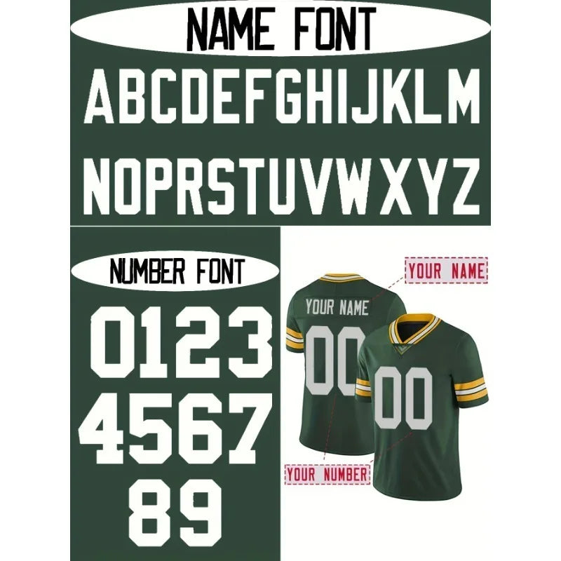 Custom Name And Number Men's Short Sleeve Loose Breathable V-neck Embroidery Rugby Jersey,Green Bay Sports Uniform DIY T-Shirt