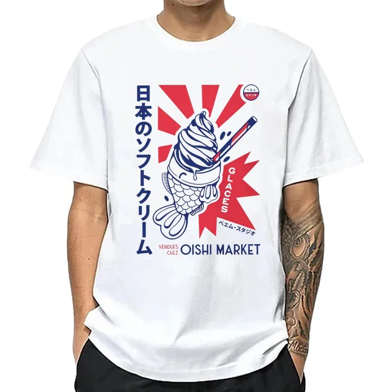 Men's Clothing Japanese Foodie Print Cotton T-Shirt Summer Comfortable Casual Fashion Vintage Tops Crew Neck Short Sleeve Tees