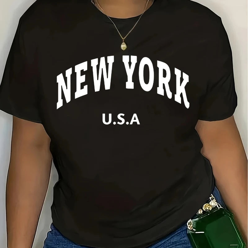 2025 Summer Fashion New York Print Design T-shirt Classic Plus Size Women's Sports Casual Soft Loose Short Sleeve Jogging Top