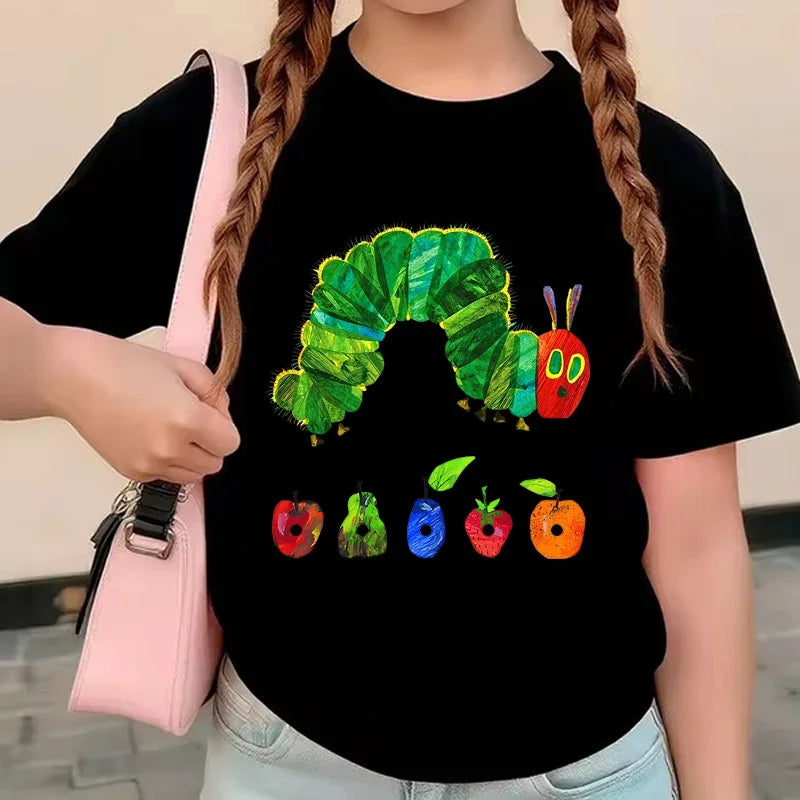Green Cute Funny Caterpillar Print Children T-shirts Summer Girls Boys Casual Fashion Tops Kids Crew Neck Short Sleeve Tees