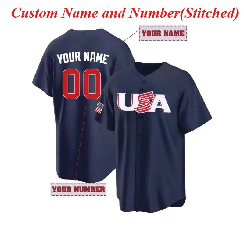 Customized Name And Number Men's Embroidered Baseball Jersey USA Breathable V-Neck Personalized Short Sleeved Shirt Men Clothing