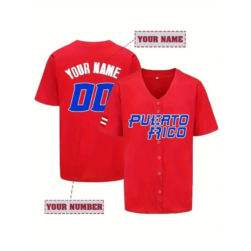 Customized Name And Number Men's Embroidery Baseball Jersey Red V-Neck Personalized Short Sleeve Button Down Shirts Puerto Rico