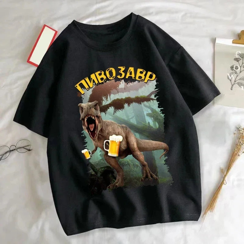 Women's Clothing Dinosaur With Beer Graphic T-Shirts Harajuku Animal Print T-shirt Casual Fashion Short Sleeve O-Neck T-shirts