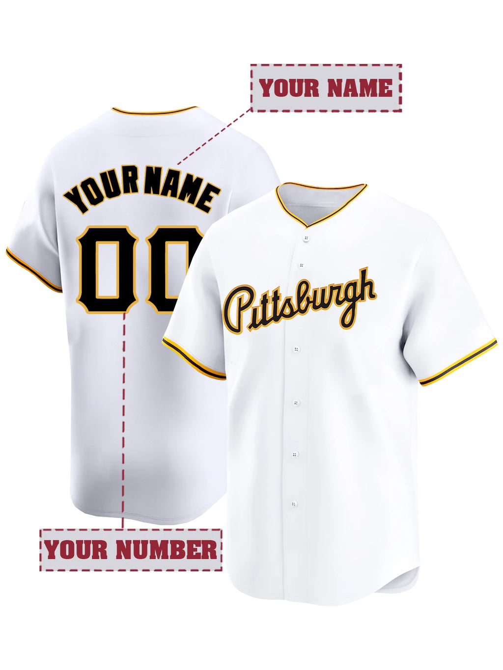 Customized Name And Number Men's Embroidery Baseball Jersey Pittsburgh White V-Neck Personalized Short Sleeve Button Down Shirts