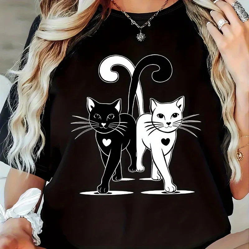 Womens Black White Cat Print Plus Size T-Shirt Summer Fashion Casual Tops for Women O-Neck Short Sleeve Tops Plus Size T-shirts