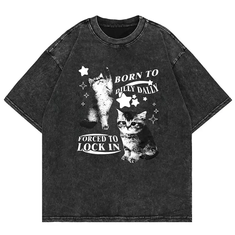 Women's Clothing Funny Cat Print Washed T Shirt Fashion Retro Casual High Street Oversized O-Neck Short Sleeve Washed T-shirts
