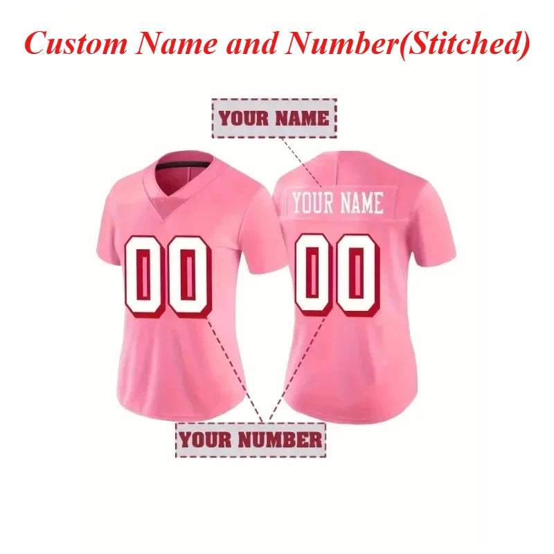 Pink Color Customized Football Jersey for Women Football Short Sleeves DIY Athletic Tee Shirts Personlized Team Name and Number
