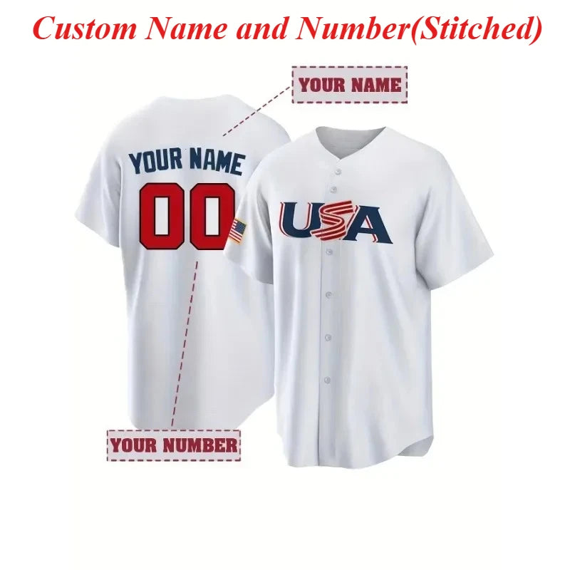 Customized Name And Number Men's Embroidered Baseball Jersey USA Breathable V-Neck Personalized Short Sleeved Shirt Men Clothing