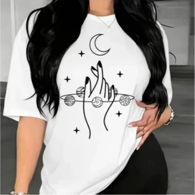 Moon Hand Graphic Print Women's Clothing Plus Size T-Shirt Summer Women Casual Oversize O-Neck Short Sleeve Tops T-Shirt