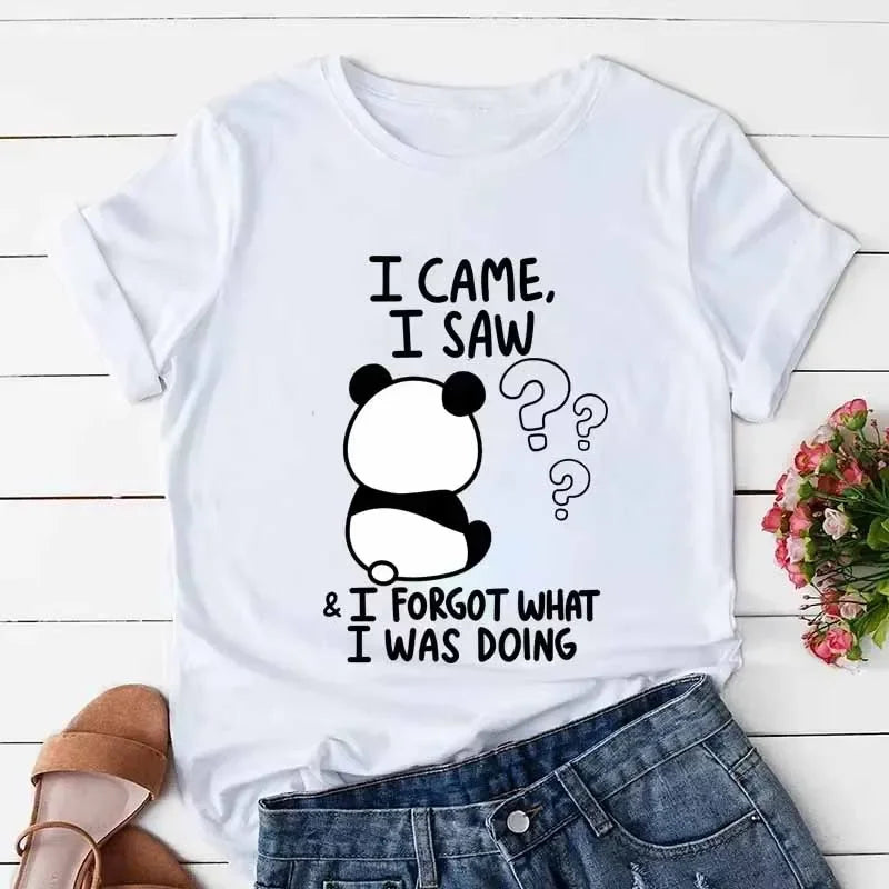 Cute Panda Graphic Print for Women Summer Harajuku Casual Fashion Cotton Tops Daily Comfortable Crew Neck Short Sleeve T-shirts