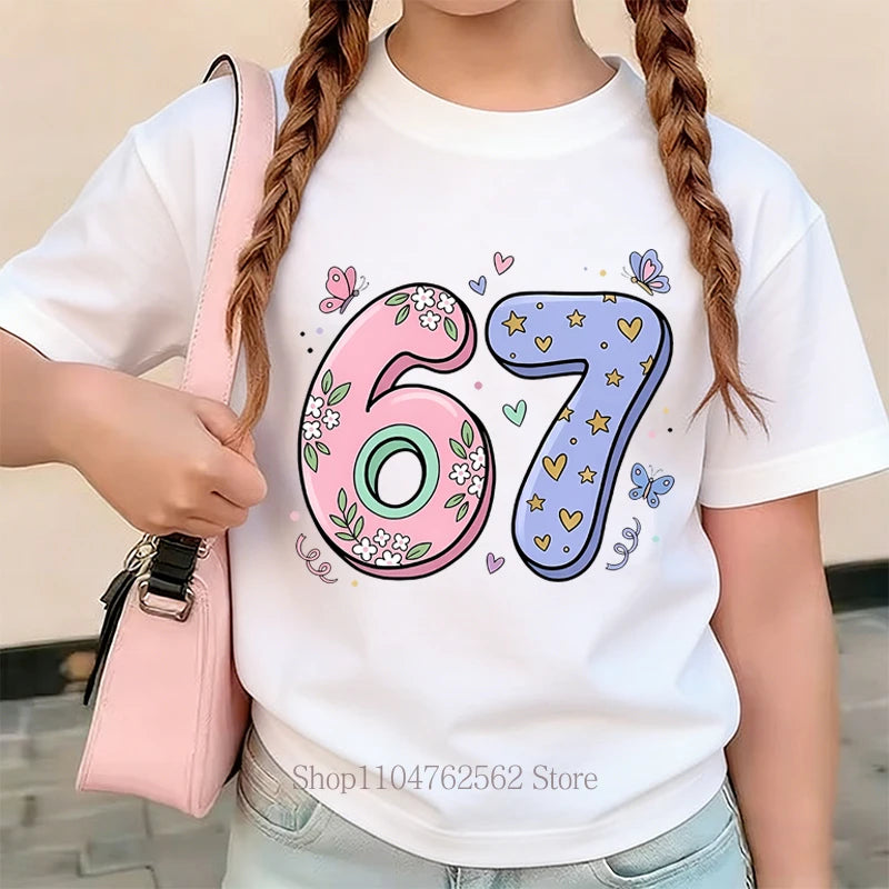 Pink Purple Six Seven Print Children T-shirts Summer Girls Casual Fashion Cute Funny Tops Crew Neck Short Sleeve Kids Tshirts