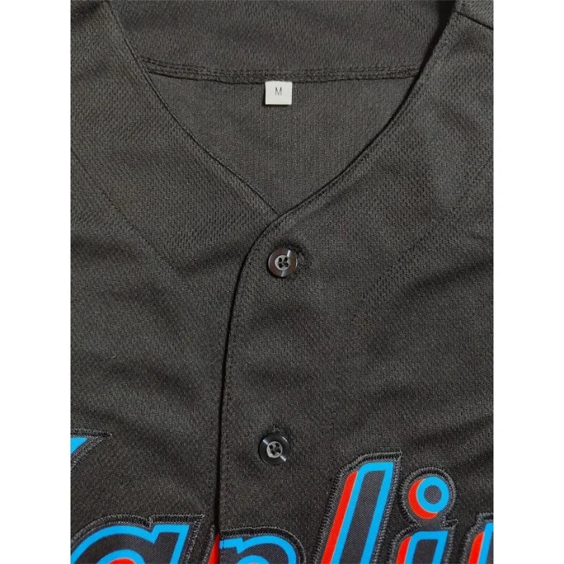 Customized Name And Number Men's Embroidery Baseball Jersey Miami Black V-Neck Personalized Short Sleeve Button Down DIY Shirts
