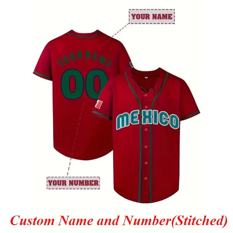 Customized Name and Number MEXICO Baseball Jersey Breathable Loose Fit Short Sleeve Embroidery Design Team Training Sports Shirt