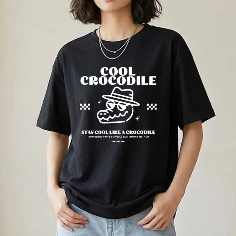 Women's Clothing Cool Crocodile Print T-Shirt Summer Casual Fashion Funny Streetwear Oversize Tops Crew Neck Short Sleeve Tees