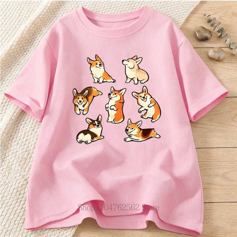 Seven Corgi Graphic Print T-shirts Summer Women's Clothing Cute Funny Casual Short Sleeve Tops Oversize Harajuku O-Neck T-shirts