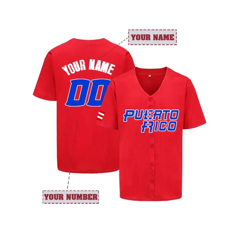 Customized Name And Number Men's Embroidery Baseball Jersey Blue V-Neck Personalized Short Sleeve Button Down Shirts Puerto Rico