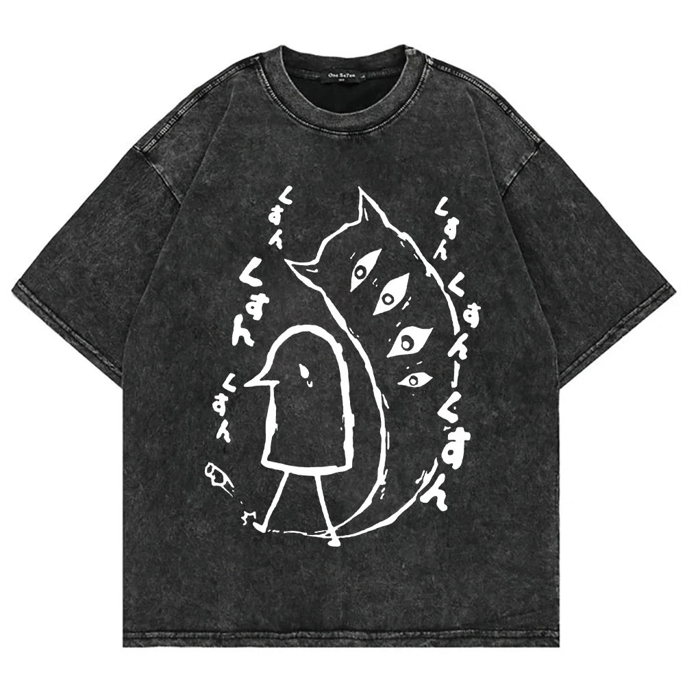 Goodnight Punpun Graphic Print Washed T Shirt for Men Women Clothing Summer Retro Fashion Casual O-Neck Short Sleeve Tees