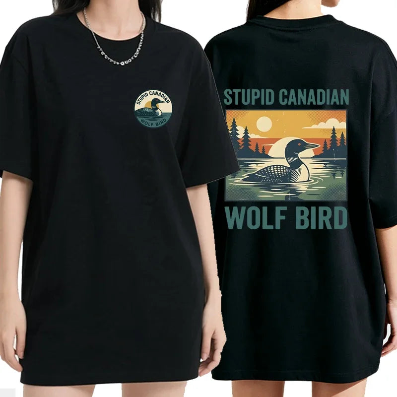 Stupid Canadian Wolf Bird Graphic Print T-shirts Summer Women's Clothing Streetwear Y2K Fashion Casual O-Neck Short Sleeve Tops