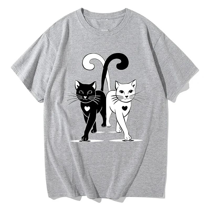 Womens Black White Cat Print Plus Size T-Shirt Summer Fashion Casual Tops for Women O-Neck Short Sleeve Tops Plus Size T-shirts