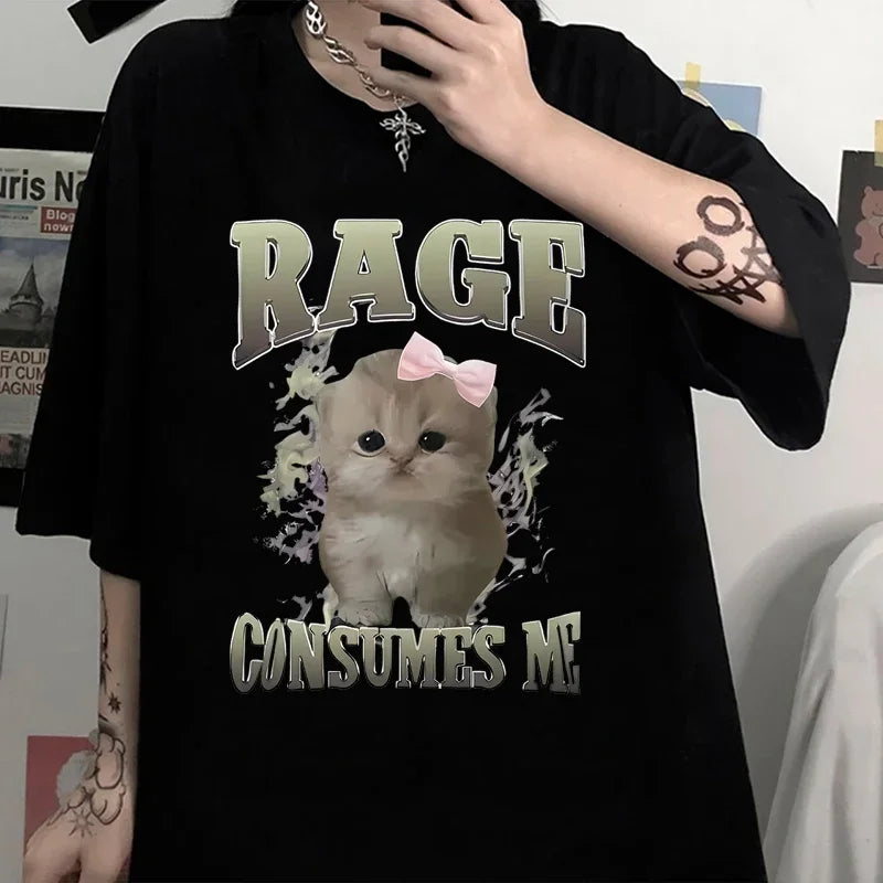 Women Clothing Rage Consumes Cat Meme Print T-shirt Summer Fashion Kawaii Casual Loose T-shirts O-Neck Short Sleeve Tees Unisex