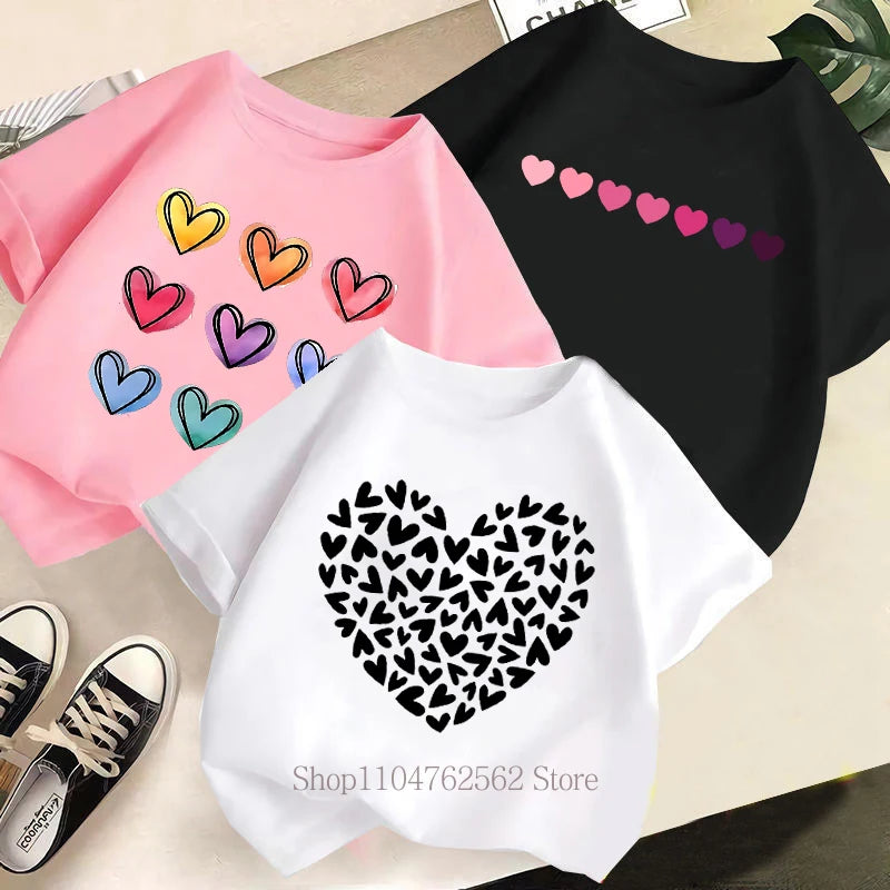 Heart Graphic Print Children T-shirts Summer Casual Fashion Kawaii Girls Colorful Tops Kids O-Neck Short Sleeve T-shirts