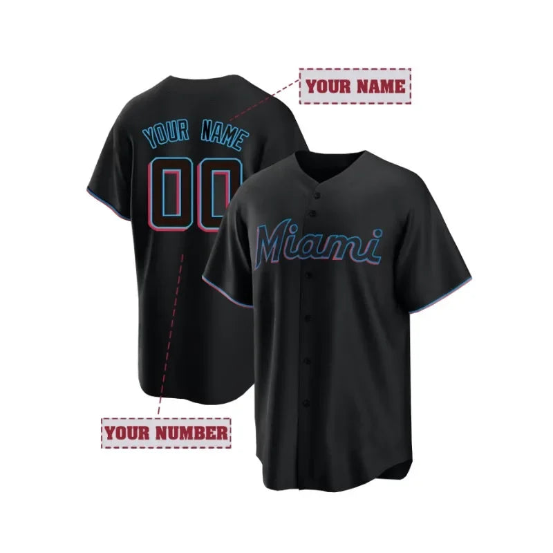 Customized Name And Number Men's Embroidery Baseball Jersey Miami Black V-Neck Personalized Short Sleeve Button Down DIY Shirts
