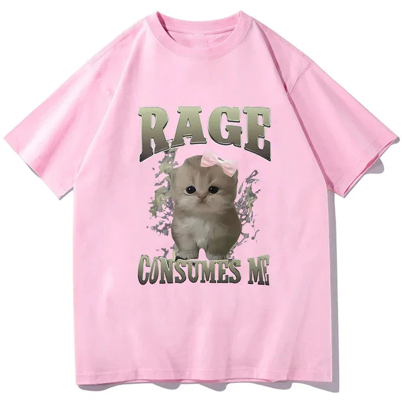 Women Clothing Rage Consumes Cat Meme Print T-shirt Summer Fashion Kawaii Casual Loose T-shirts O-Neck Short Sleeve Tees Unisex