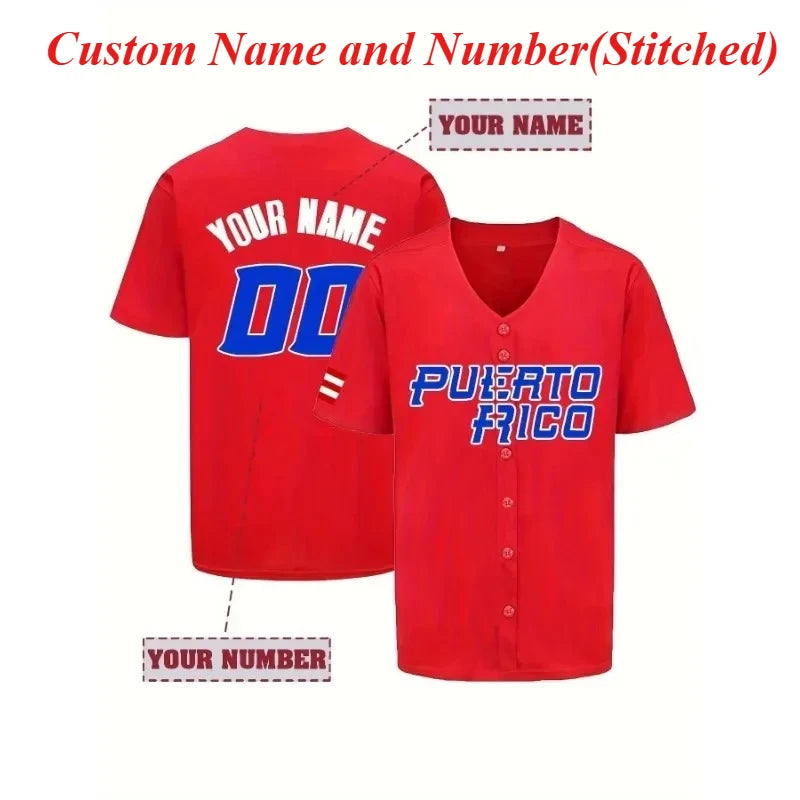 Customized Name And Number Men's Embroidery Baseball Jersey Red V-Neck Personalized Short Sleeve Button Down Shirts Puerto Rico