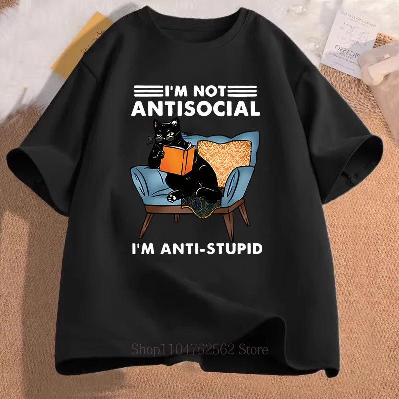 Lazy Cat Sofa Alphabet Print T-Shirt Summer Casual Fashion Funny Meme Comfortable O-Neck Short Sleeve Tops for Women T-shirts