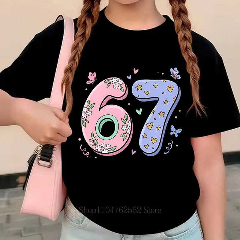 Pink Purple Six Seven Print Children T-shirts Summer Girls Casual Fashion Cute Funny Tops Crew Neck Short Sleeve Kids Tshirts