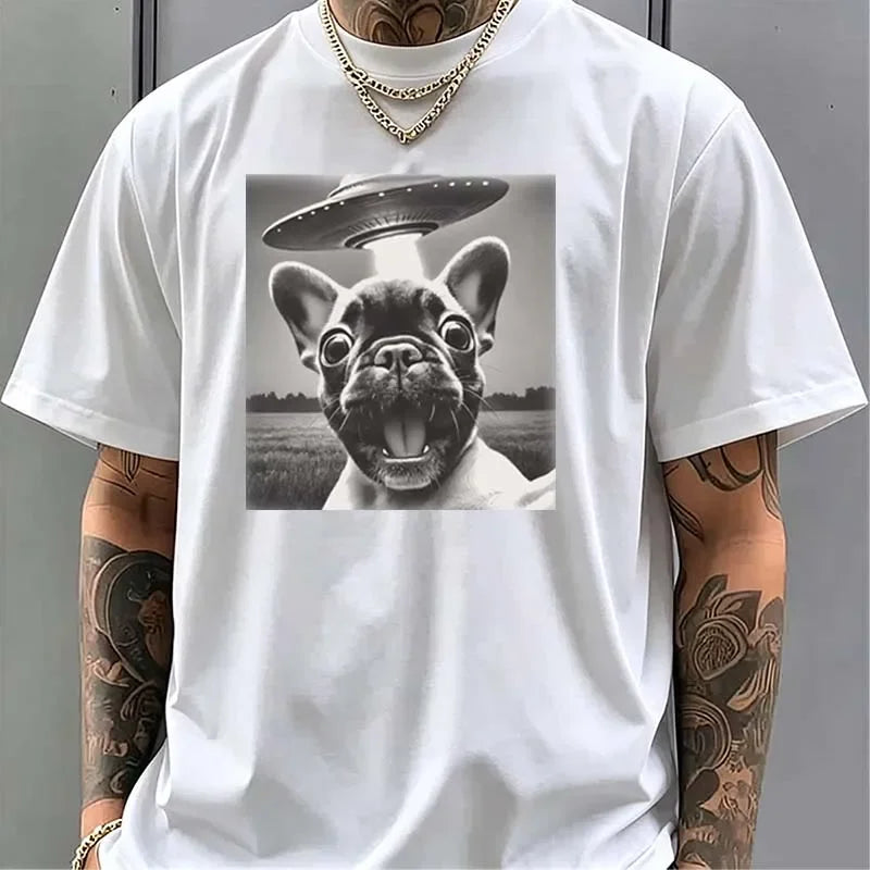 UFO Dog Graphic Print T-shirts Men Women Summer Casual Fashion Funny High Street Tops Crew Neck Short Sleeve Cotton Tees