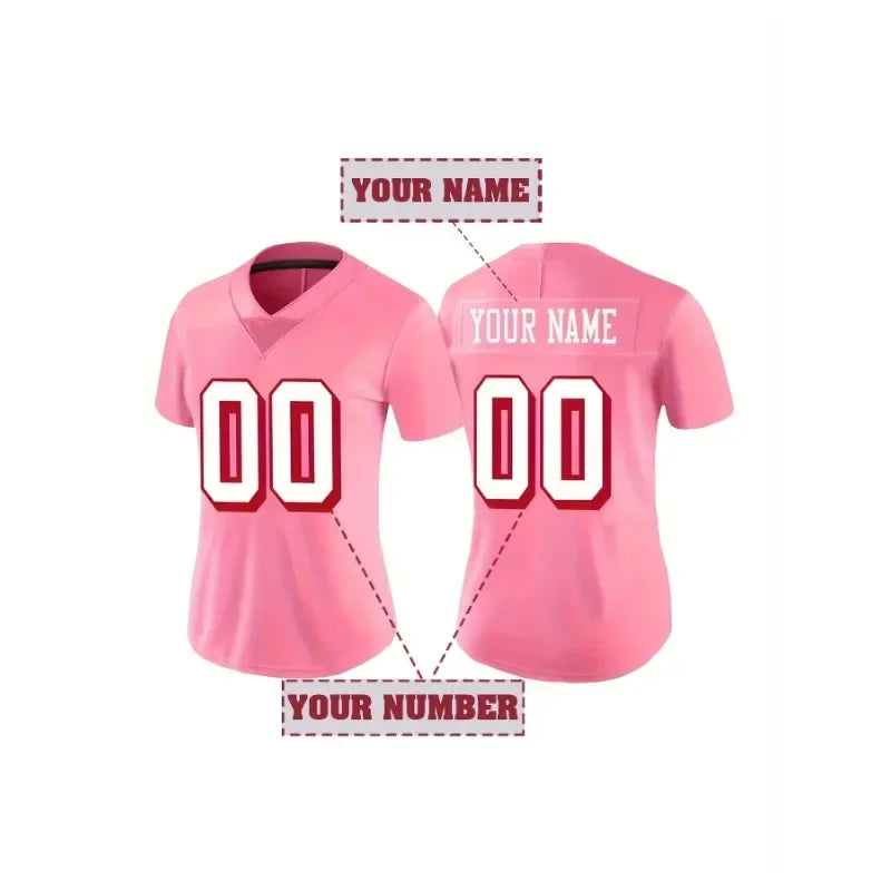 Pink Color Customized Football Jersey for Women Football Short Sleeves DIY Athletic Tee Shirts Personlized Team Name and Number