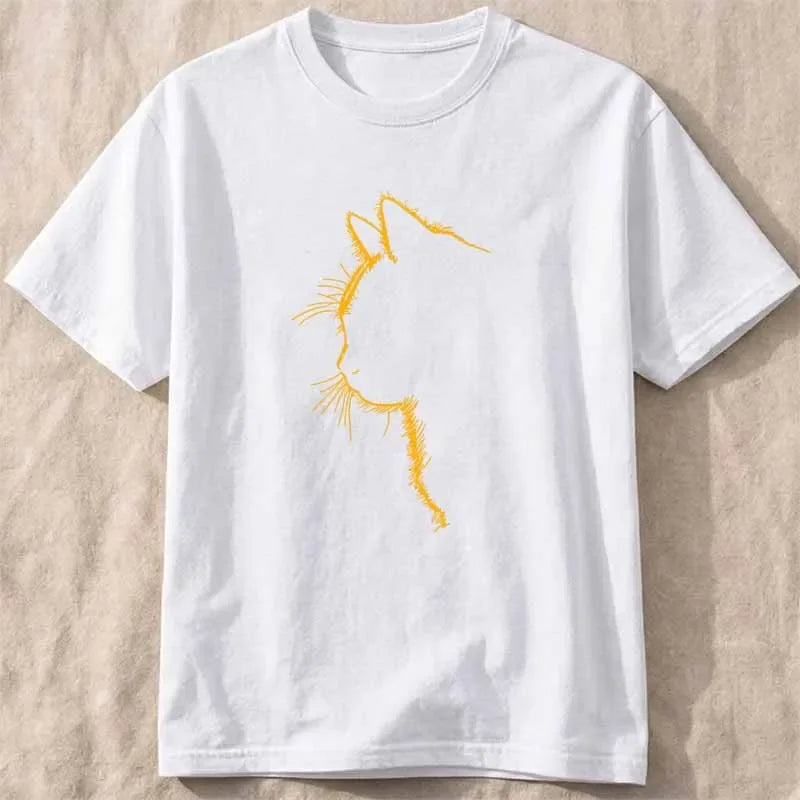 Orange Line Cat Print T-shirts Summer Women Men Casual Fashion Funny Streetwear Harajuku Tops Crew Neck Short Sleeve Cotton Tees