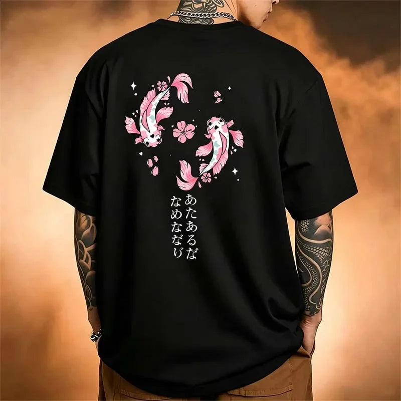 Men's Clothing Pink Koi Fish Print T-shirts Summer Casual Fashion High Street Harajuku Tops Crew Neck Short Sleeve Cotton Tees