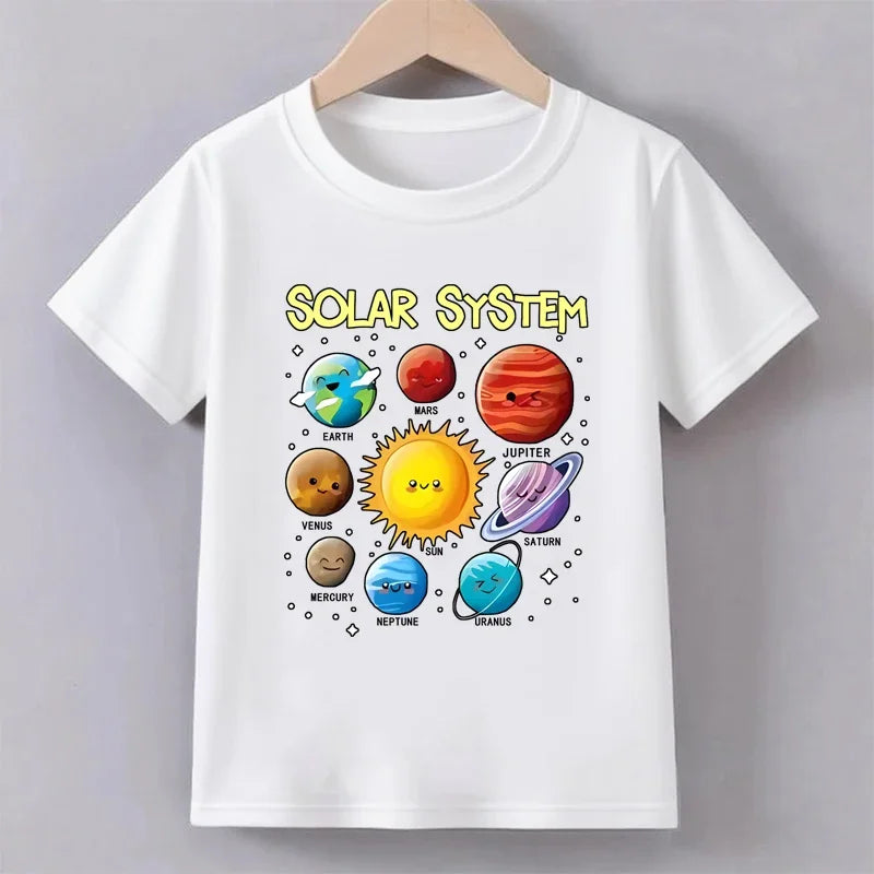 Teenage Solar System Colorful Printed T-shirt Boys Girls Summer Casual Fashion Round Neck Short Sleeve Tops Children Clothing