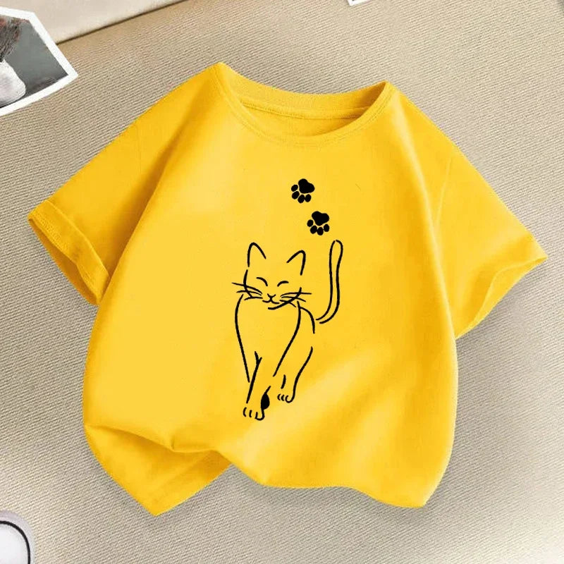 Cartoon Cat Paw Children T-shirts Summer Boys Girls Clothes Fashion Funny Kawaii Colorful Tops Y2K Kids Short Sleeve T-shirt