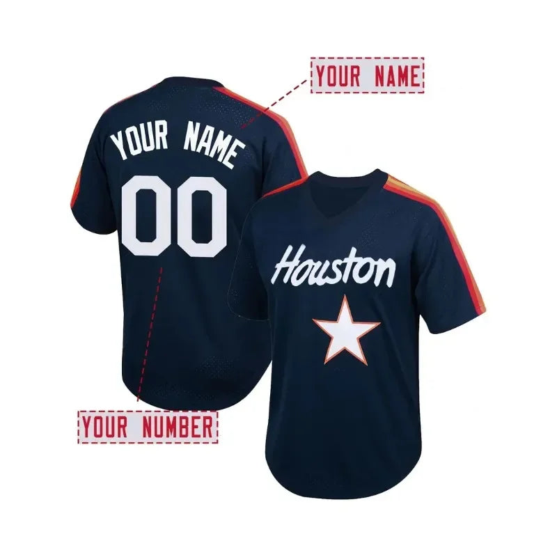 Customized Name And Number Men's Embroidery Baseball Jersey Houston Blue V-Neck Personalized Short Sleeve DIY Unisex T-Shirts