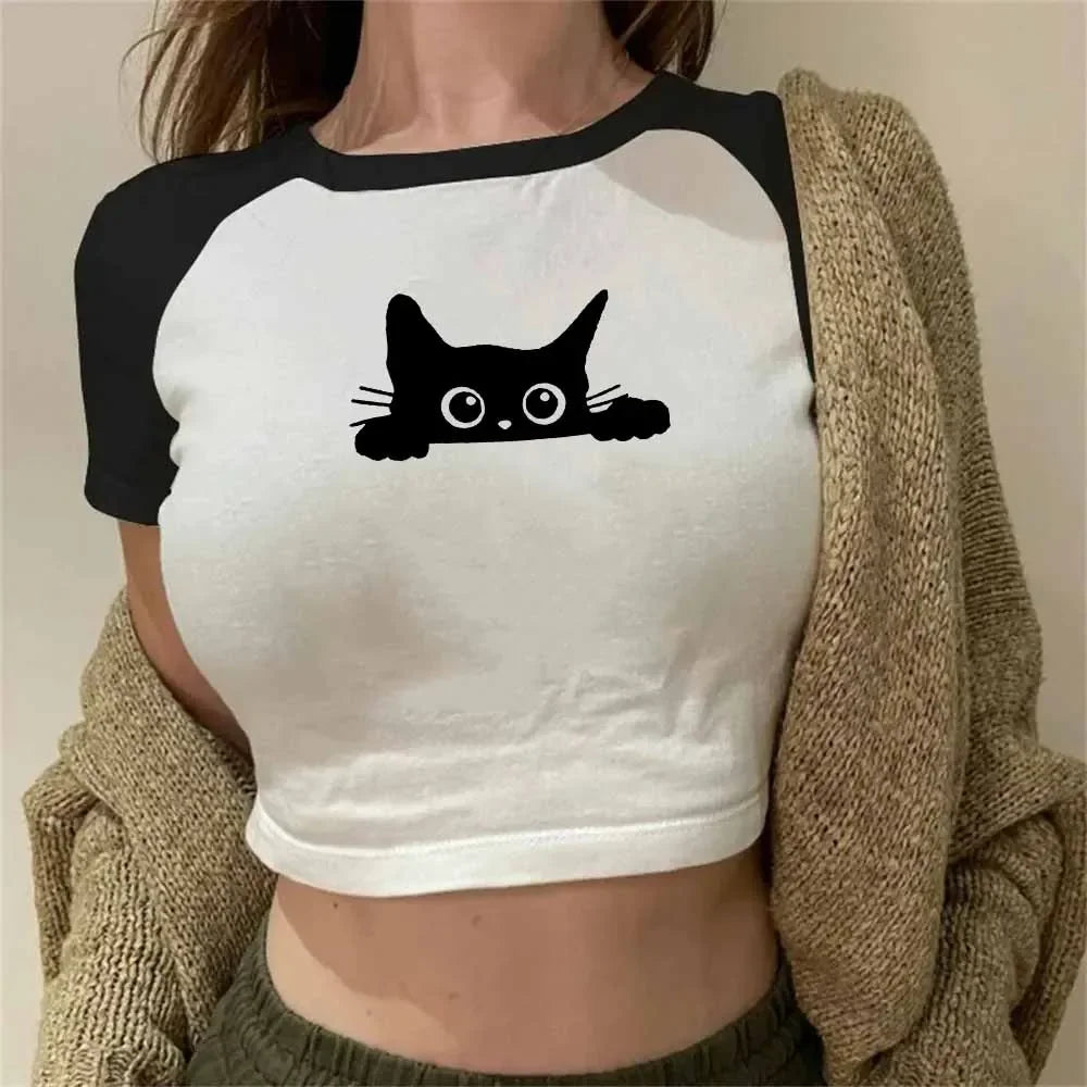 Cute Cat Print T-Shirt Women's Clothing Summer Funny Casual Fashion Y2K Streetwear Tops Crew Neck Short Sleeve Crop Top T-shits