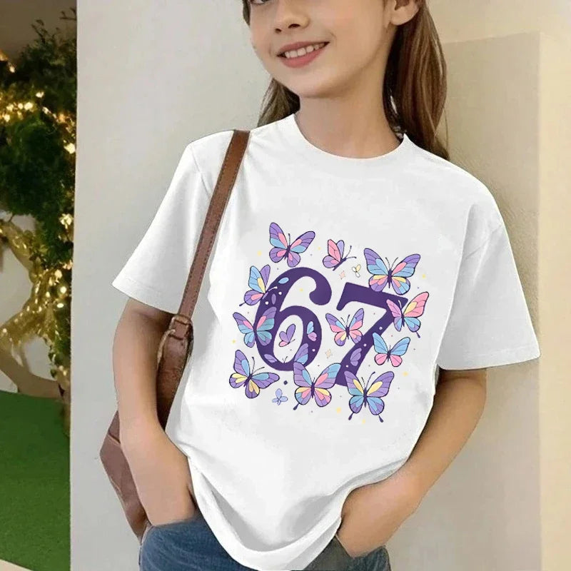 Butterfly Six Seven Print Children T-shirts Summer Girls Casual Fashion Funny Tops Kids Colorful Crew Neck Short Sleeve Tees