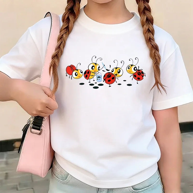 Teenager Cute Ladybug Print T-Shirt for Girls Boys Summer Children Casual Crew Neck Funny Tops Colorful Short Sleeve Kids Tees