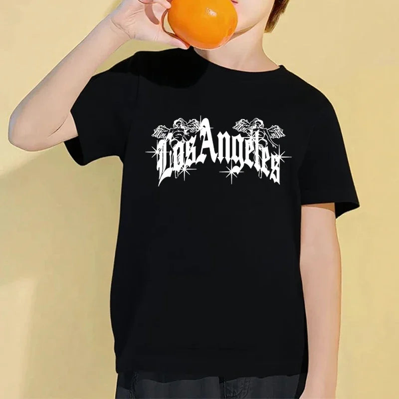Los Angeles Letter Print Teenage T-shirt Summer Retro Simple Casual Fashion O-Neck Short Sleeve Children Colorful Tops Clothing