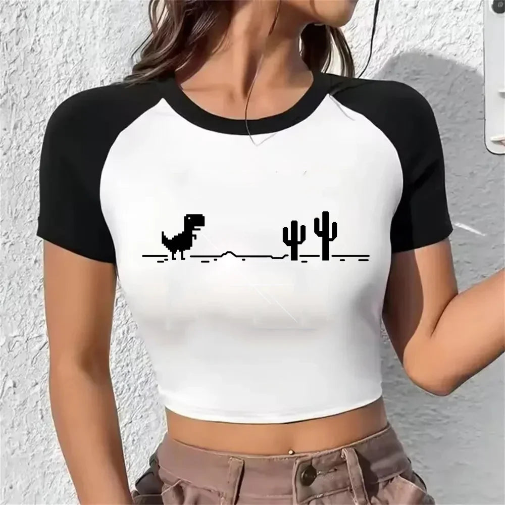 Korean Style Casual Fashion Crop Tops Y2k Print Summer Women T-shirt Harajuku Cropped Mange T-shirt Funny Graphic Crop Tees
