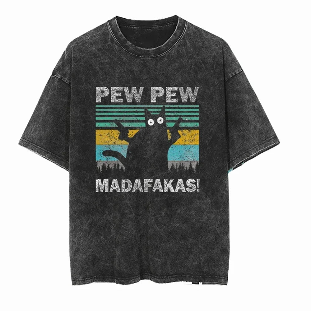 Cool Cats Graphic Print Washed T-shirts Summer Women Men Casual Fashion Streetwear Y2K Retro Short Sleeve Crew Neck T-shirts