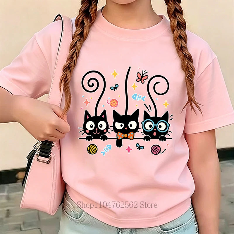 Three Cute Cats Graphic Teenager T-shirt Summer Casual Fashion Colorful Tops for Children Girls Crew Neck Short Sleeve Kids Tees