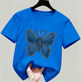 Blue Butterfly Print Children Clothing Girls Summer Casual Fashion Cute Colorful Tops Kids Crew Neck Short Sleeve T-shirts