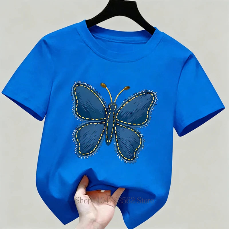 Blue Butterfly Print Children Clothing Girls Summer Casual Fashion Cute Colorful Tops Kids Crew Neck Short Sleeve T-shirts